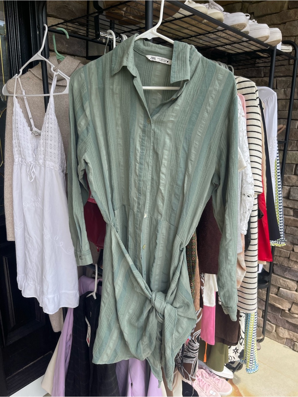 Zara Sage Green Button-Front Tie-Waist Tunic
